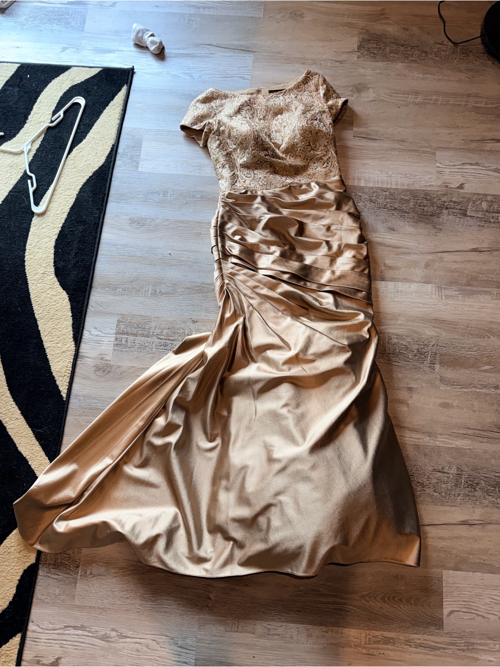 La Femme Gold Satin And Lace Gown